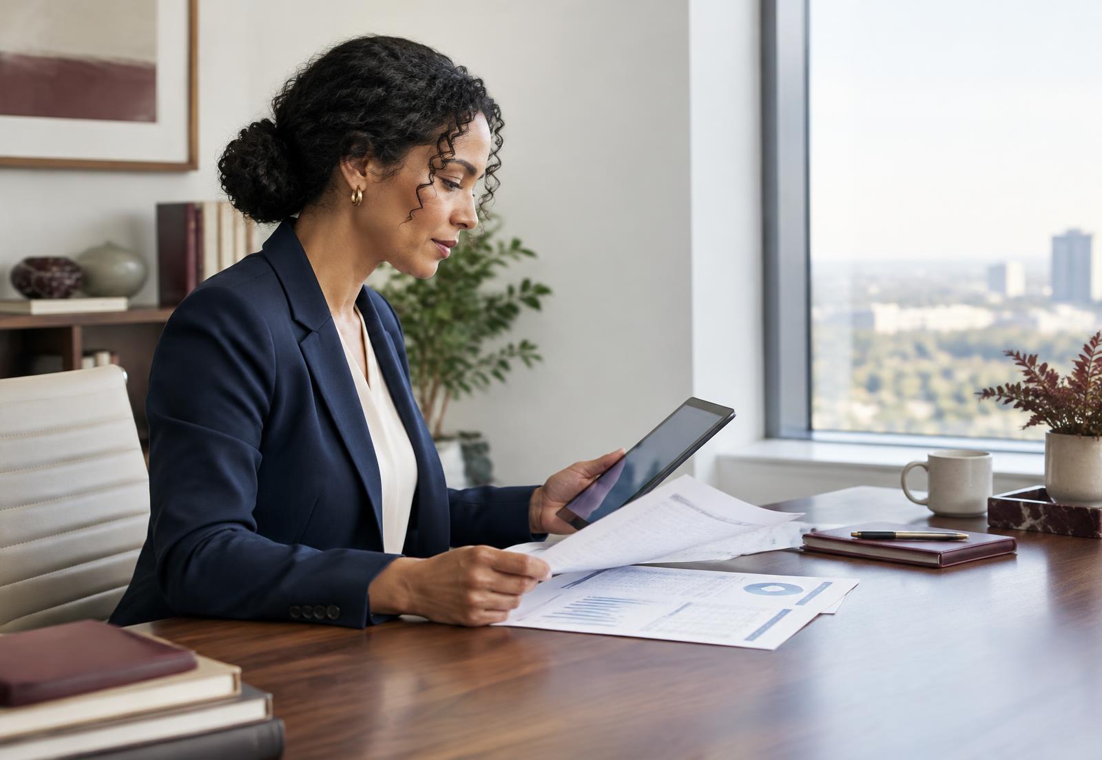 Business owner reviewing financial information before a potential sale