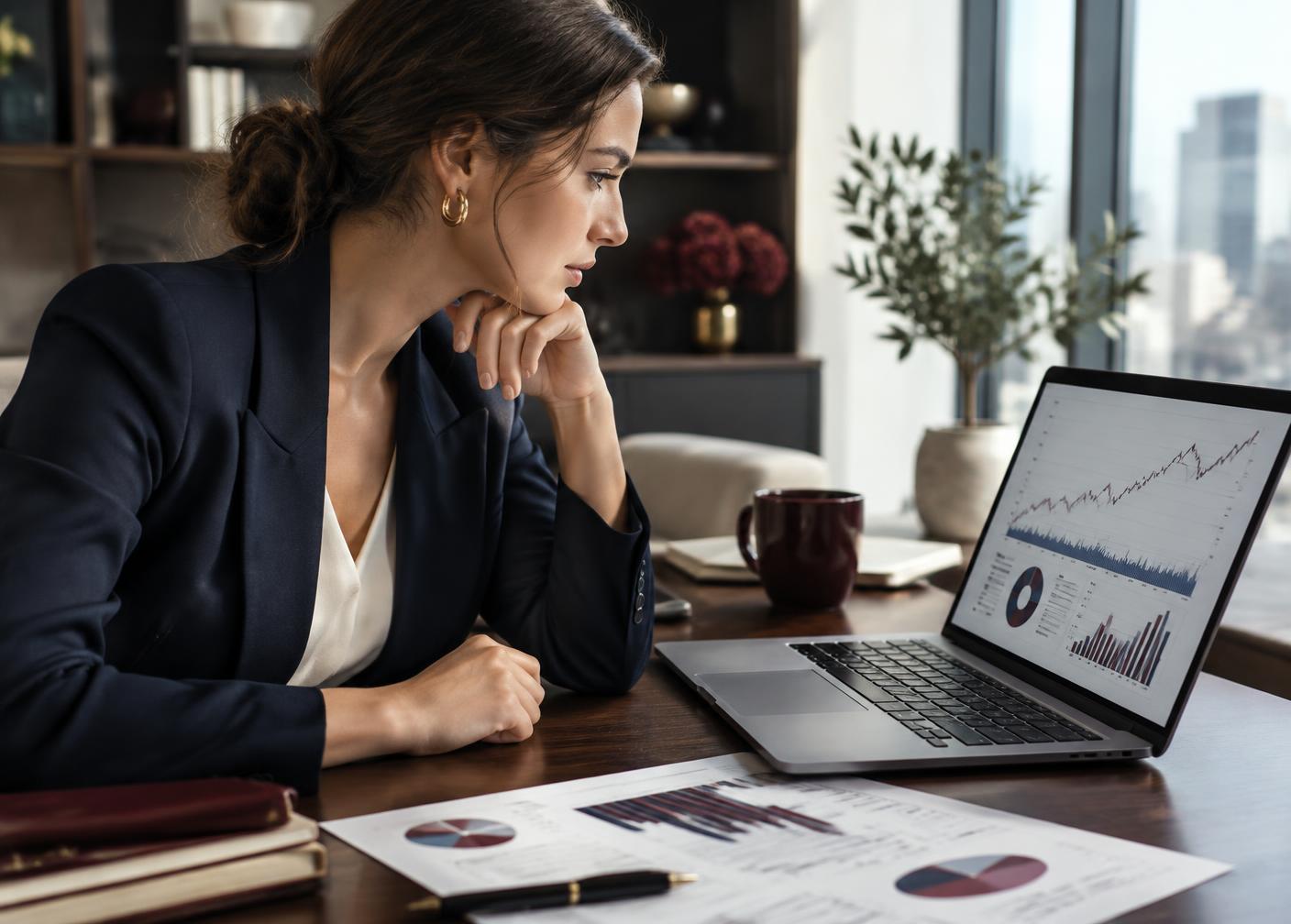 Entrepreneur reviewing business charts and financial metrics